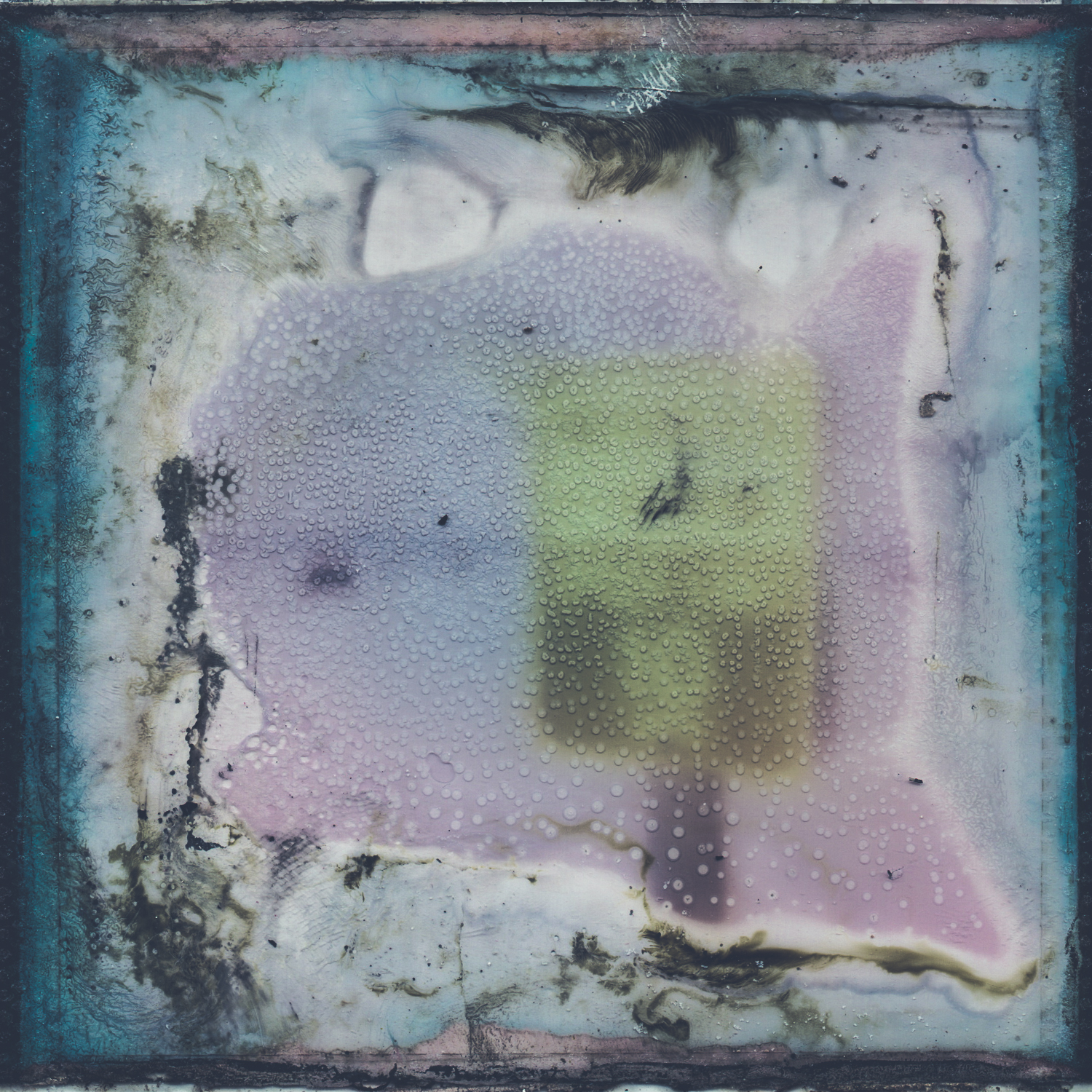 A Polaroid image that has been decayed through a chemical soak.