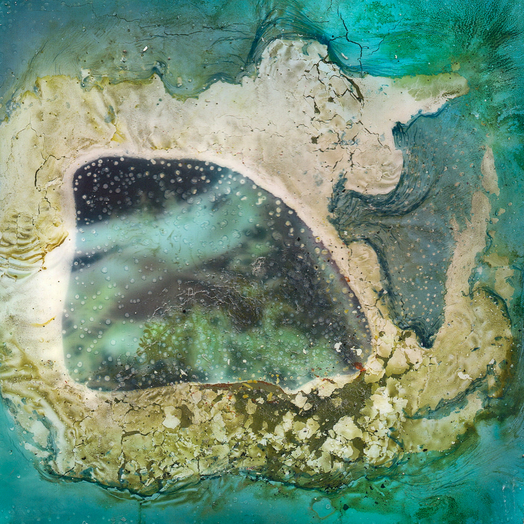 A Polaroid image that has been decayed through a chemical soak.